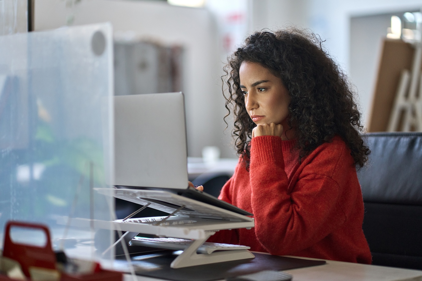 Woman studies information on her computer